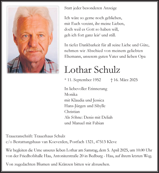 Traueranzeige von Lothar Schulz von NNA