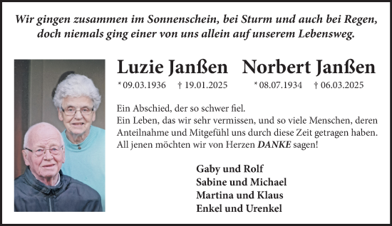 Traueranzeige von Luzie Janßen von NNA