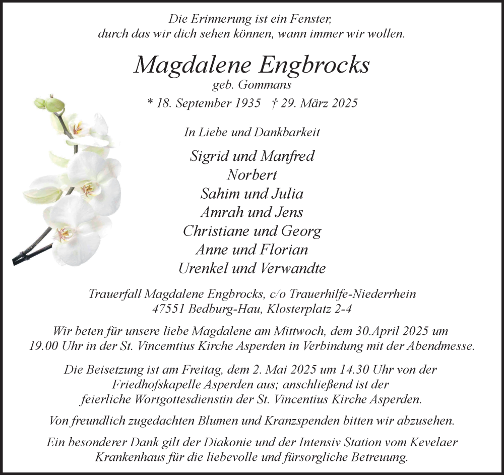  Traueranzeige für Magdalene Engbrocks vom 26.04.2025 aus NNA
