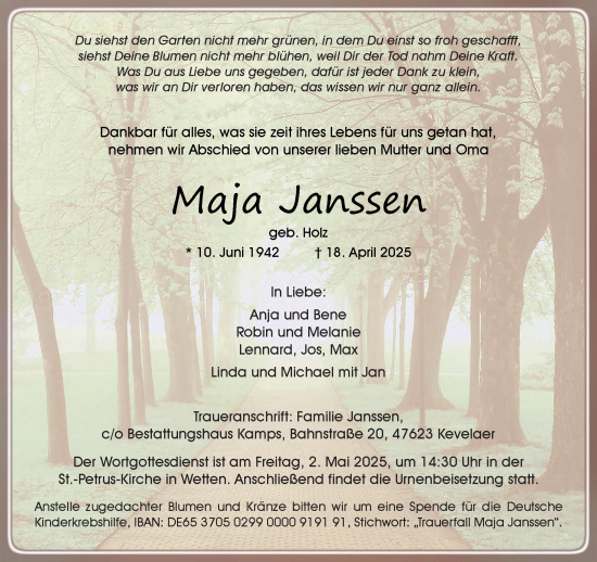 Traueranzeige von Maja Janssen von NNA
