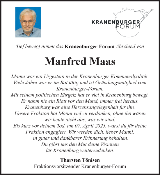 Traueranzeige von Manfred Maas von NNA