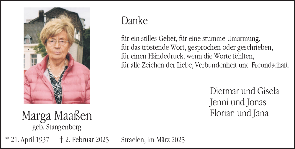  Traueranzeige für Marga Maaßen vom 29.03.2025 aus NNA
