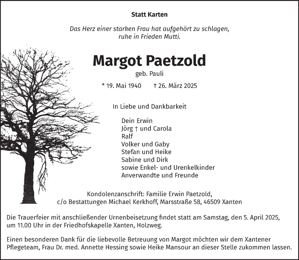  Traueranzeige für Margot Paetzold vom 29.03.2025 aus NNA
