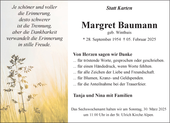 Traueranzeige von Margret Baumann von NNA