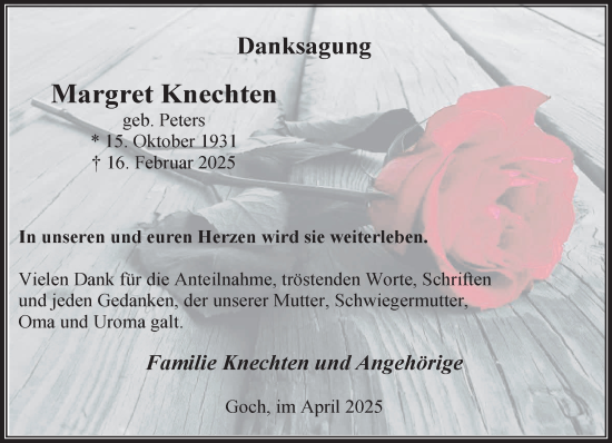 Traueranzeige von Margret Knechten von NNA