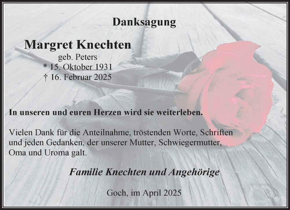 Traueranzeige für Margret Knechten vom 12.04.2025 aus NNA