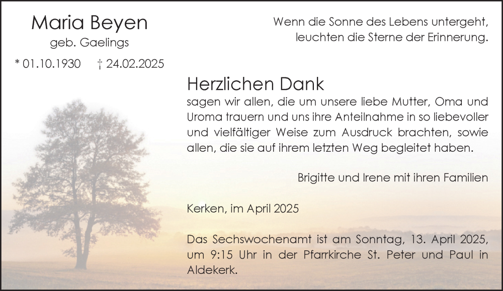  Traueranzeige für Maria Beyen vom 05.04.2025 aus NNA
