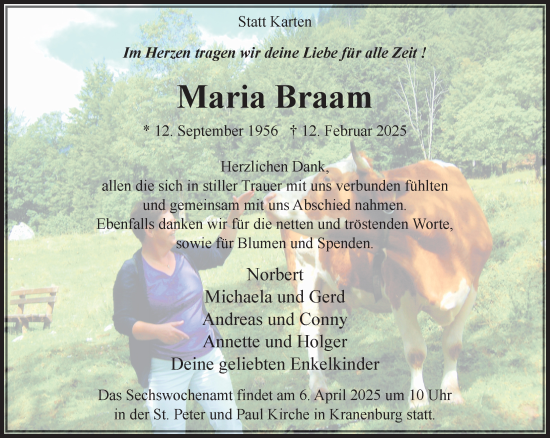 Traueranzeige von Maria Braam von NNA
