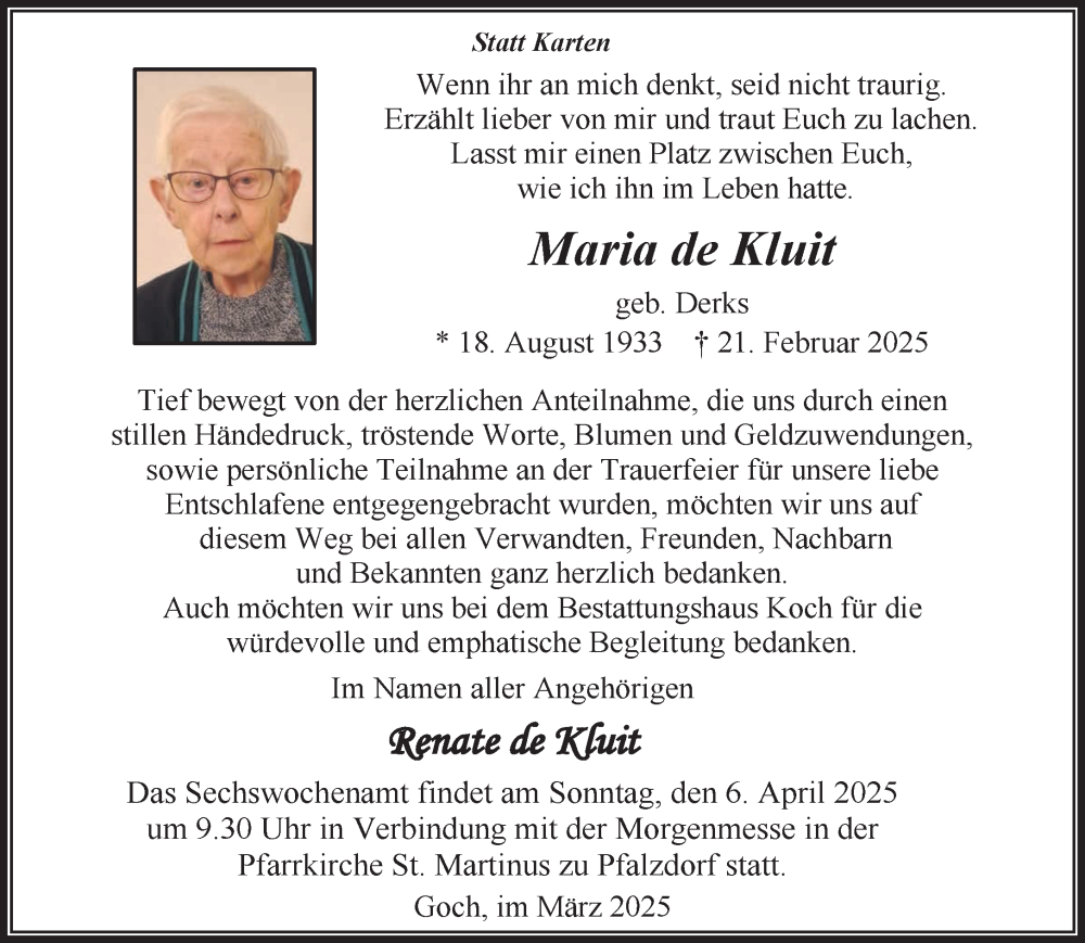  Traueranzeige für Maria de Kluit vom 29.03.2025 aus NNA