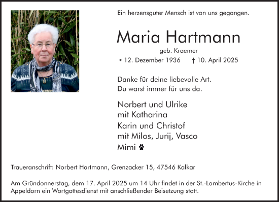 Traueranzeige von Maria Hartmann von NNA