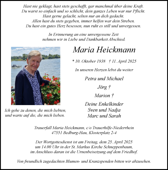 Traueranzeige von Maria Heickmann von NNA