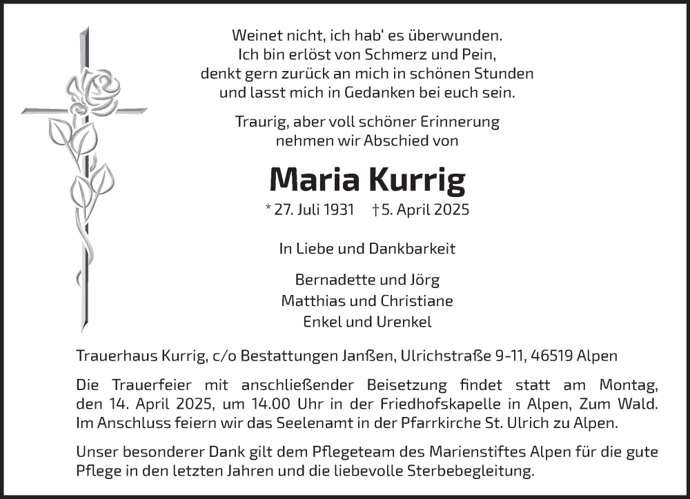  Traueranzeige für Maria Kurrig vom 09.04.2025 aus NNA