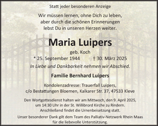 Traueranzeige von Maria Luipers von NNA