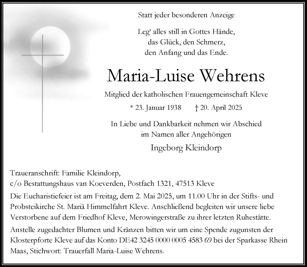  Traueranzeige für Maria-Luise Wehrens vom 26.04.2025 aus NNA