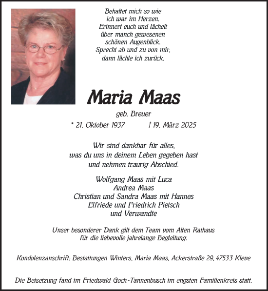 Traueranzeige von Maria Maas von NNA