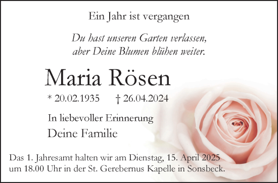 Traueranzeige von Maria Rösen von NNA