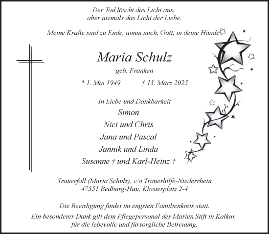 Traueranzeige von Maria Schulz von NNA