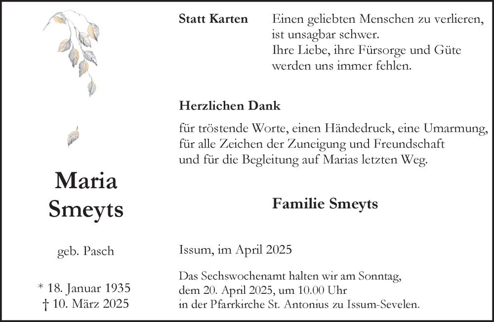  Traueranzeige für Maria Smeyts vom 12.04.2025 aus NNA