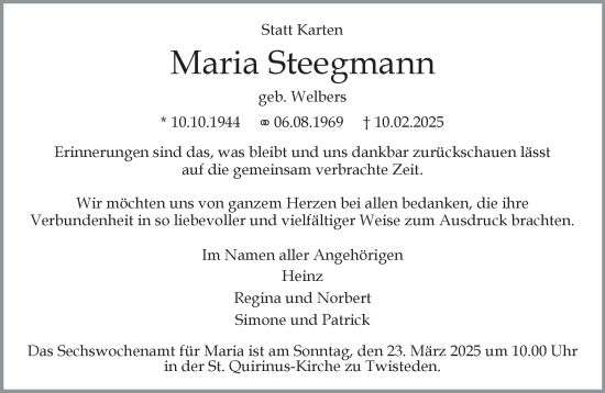 Traueranzeige von Maria Steegmann von NNA
