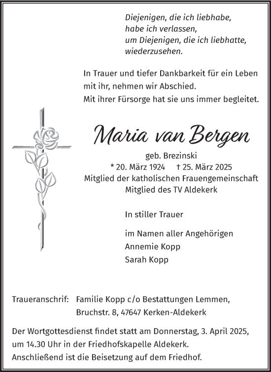Traueranzeige von Maria van Bergen von NNA