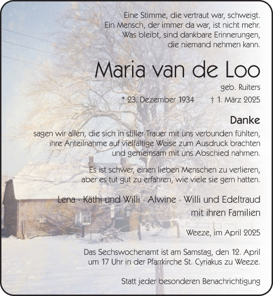 Traueranzeige von Maria van de Loo von NNA