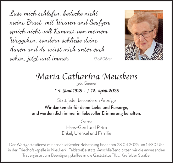 Traueranzeige von Maria Catharina Meuskens von NNA