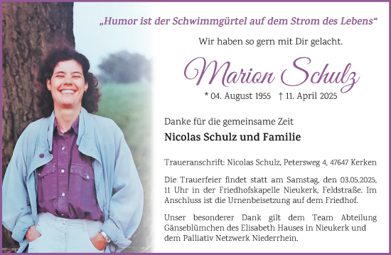 Traueranzeige von Marion Schulz von NNA