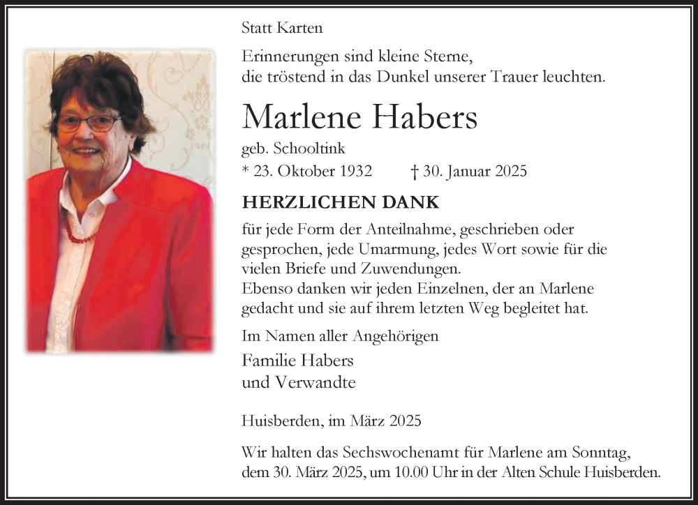  Traueranzeige für Marlene Habers vom 22.03.2025 aus NNA
