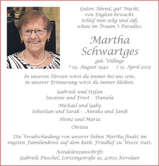 Traueranzeige von Martha Schwartges von NNA
