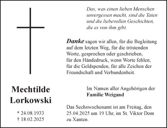 Traueranzeige von Mechtilde Lorkowski von NNA