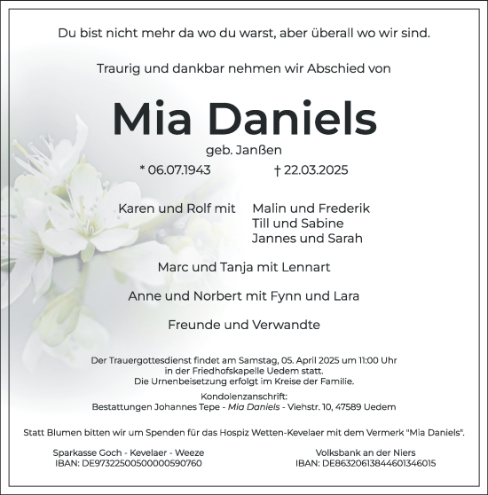 Traueranzeige von Mia Daniels von NNA