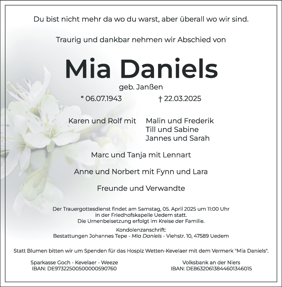  Traueranzeige für Mia Daniels vom 29.03.2025 aus NNA