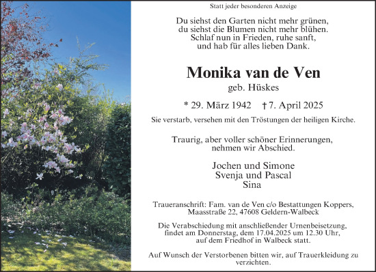 Traueranzeige von Monika van de Ven von NNA