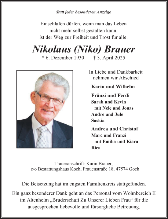 Traueranzeige von Nikolaus Brauer von NNA