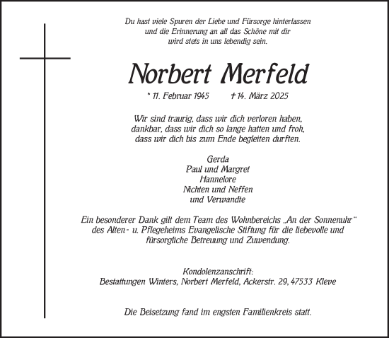 Traueranzeige von Norbert Merfeld von NNA