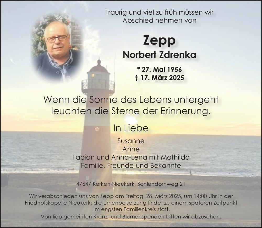  Traueranzeige für Norbert Zdrenka vom 22.03.2025 aus NNA