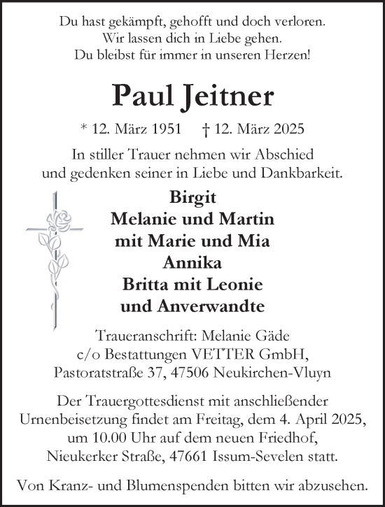 Traueranzeige von Paul Jeitner von NNA