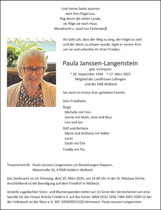 Traueranzeige von Paula Janssen-Langenstein von NNA