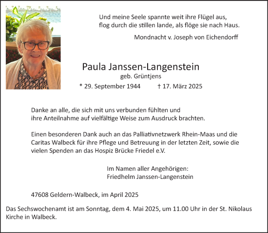 Traueranzeige von Paula Janssen-Langenstein von NNA