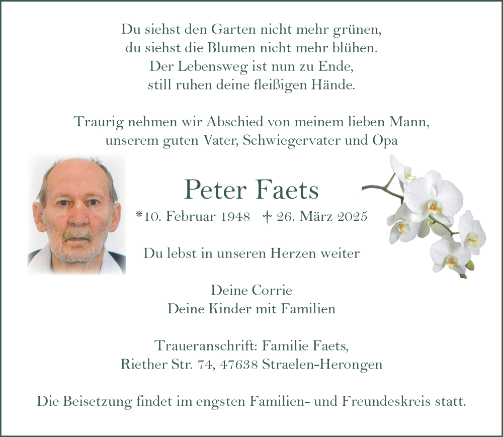  Traueranzeige für Peter Faets vom 05.04.2025 aus NNA