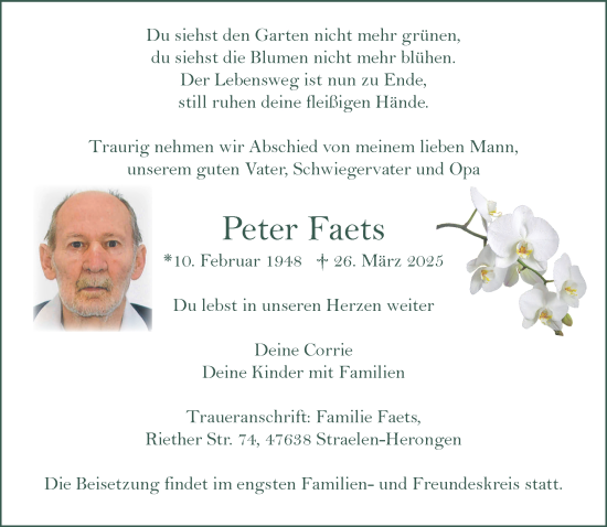 Traueranzeige von Peter Faets von NNA