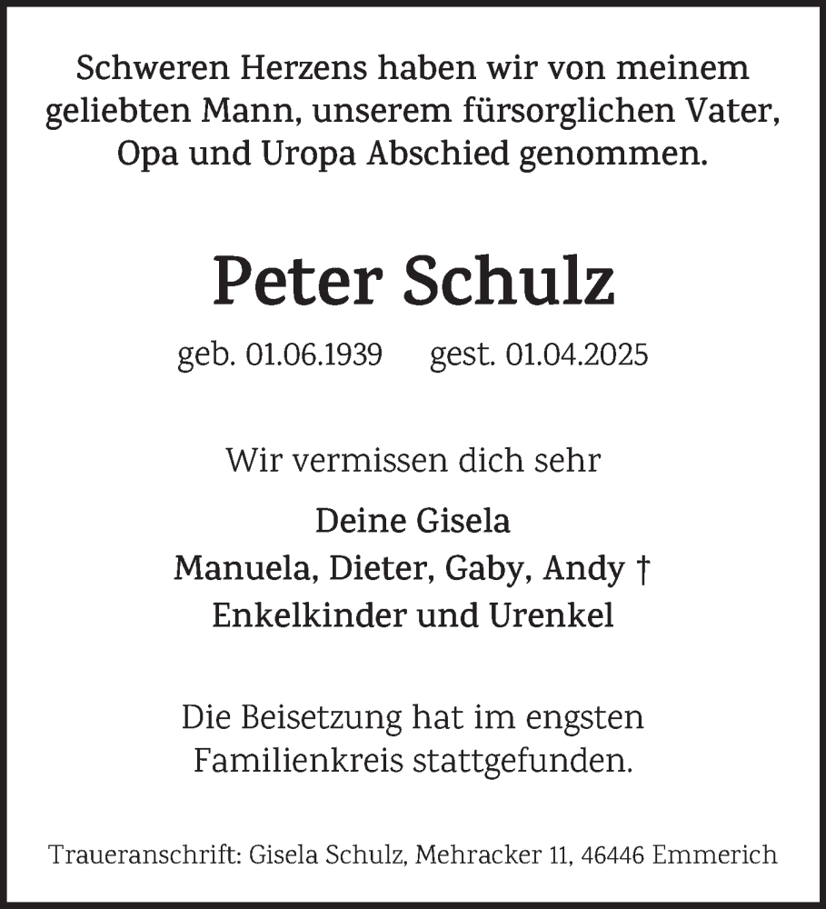  Traueranzeige für Peter Schulz vom 26.04.2025 aus NNA