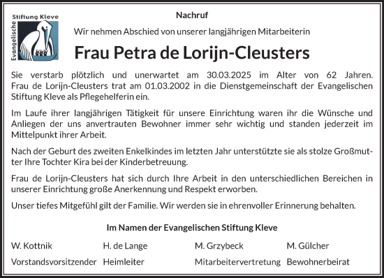 Traueranzeige von Petra de Lorijn-Cleusters von NNA