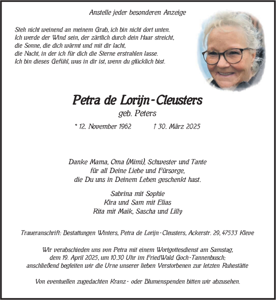 Traueranzeige von Petra de Lorijn-Cleusters von NNA