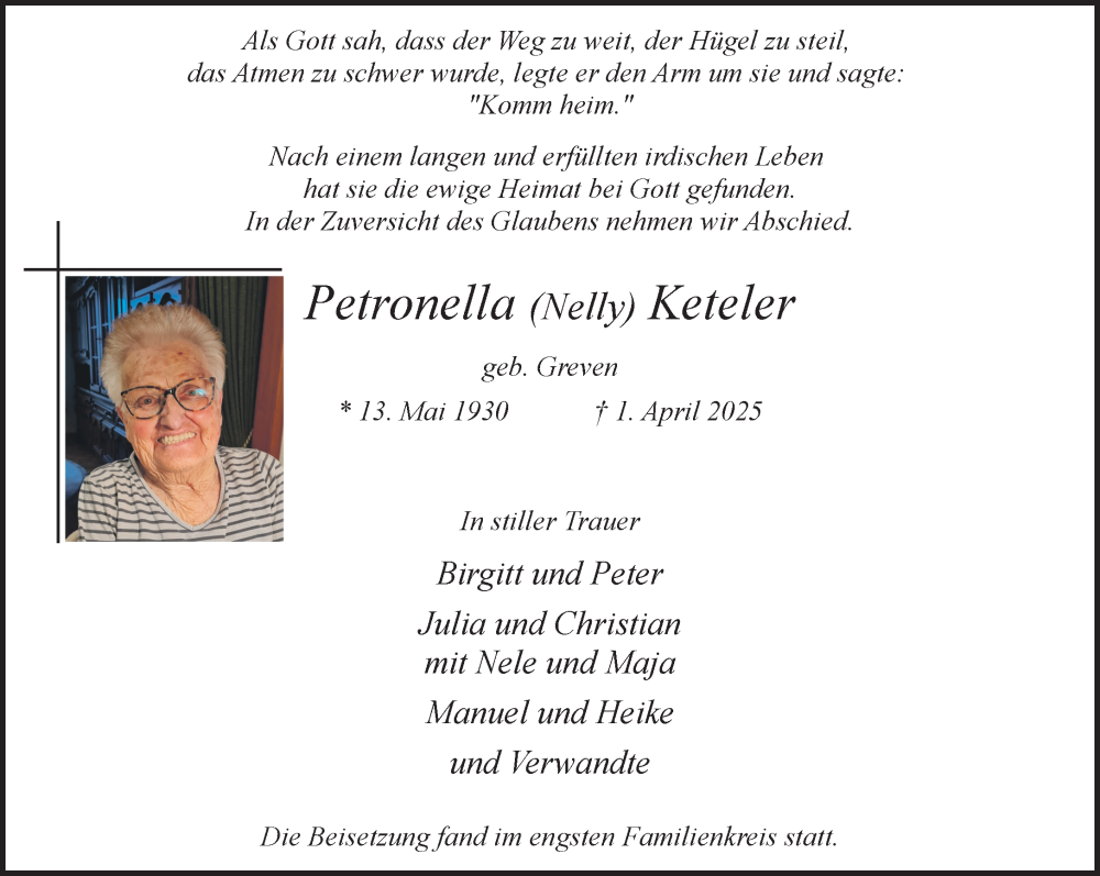  Traueranzeige für Petronella Keteler vom 19.04.2025 aus NNA