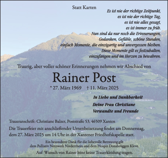 Traueranzeige von Rainer Post von NNA