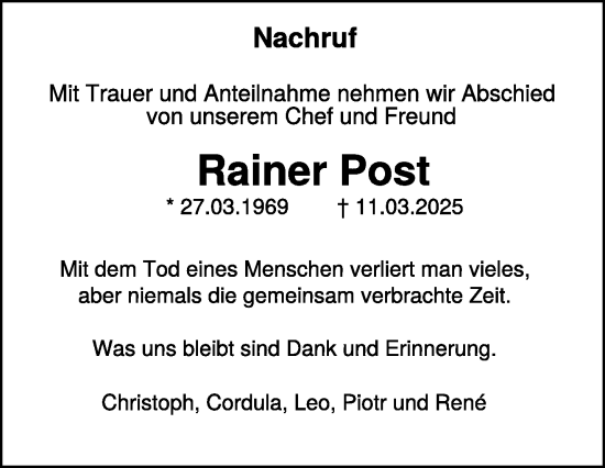 Traueranzeige von Rainer Post von NNA