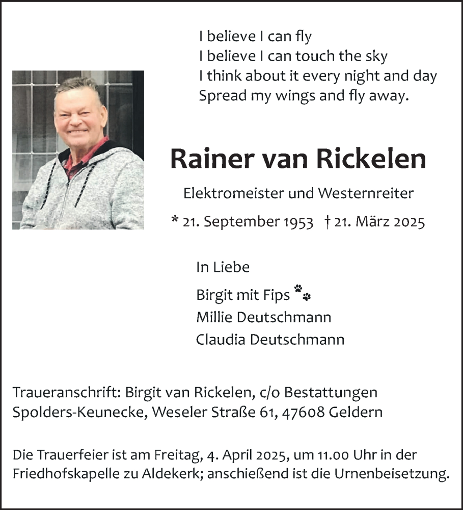  Traueranzeige für Rainer van Rickelen vom 29.03.2025 aus NNA