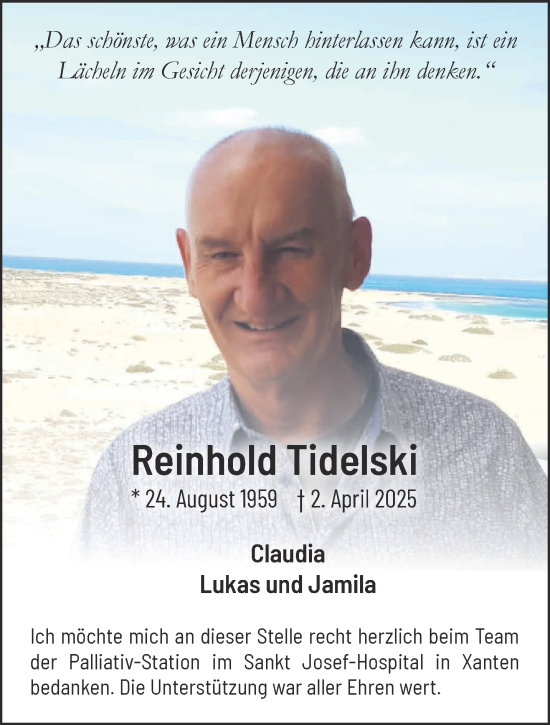 Traueranzeige von Reinhold Tidelski von NNA