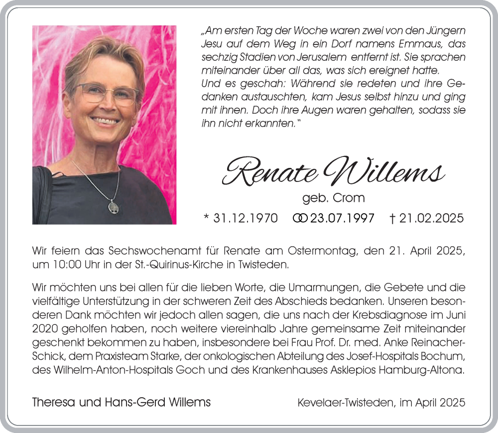  Traueranzeige für Renate Willems vom 19.04.2025 aus NNA